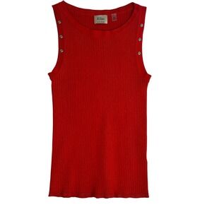 Elie‎ Tahari Women's Red Ribbed Knit Tank Top Snap Button Detail Size M